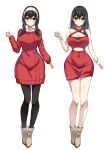  1girl absurdres bare_shoulders black_hair boots breasts cleavage clothing_cutout dress earrings hairband highres jewelry kuroko_(user_jtty5588) large_breasts long_hair looking_at_viewer pantyhose red_dress red_eyes red_sweater short_dress sidelocks smile solo spy_x_family stomach_cutout sweater white_hairband yor_briar 