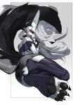  anthro canid canid_demon claws clothed clothing demon female fur grey_body grey_fur hellhound helluva_boss hi_res legwear loona_(helluva_boss) mammal pawpads red_sclera simple_background solo stockings toe_claws woobin94 