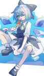  1girl black_footwear blue_dress blue_eyes blue_hair bow cirno detached_wings dress fairy food full_body green_bow hair_between_eyes hair_bow highres holding holding_food ice ice_wings one_eye_closed open_mouth popsicle sabatuki shoes short_hair short_sleeves socks solo touhou white_socks wings 