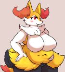  anthro belly big_breasts blush braixen breasts chubby_female featureless_breasts female fur generation_6_pokemon hi_res homemosaco looking_away neck_tuft nintendo orange_body orange_fur orange_nose overweight overweight_anthro overweight_female pokemon pokemon_(species) simple_background solo standing tail thick_thighs tuft white_body white_fur yellow_body yellow_fur 