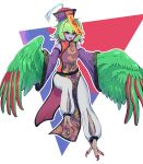  1girl absurdres bare_shoulders bird_legs clothing_request colored_skin commentary_request detached_sleeves feathered_wings feathers green_feathers green_hair green_wings harpy highres jiangshi monster_girl multicolored_hair open_mouth original purple_skin red_eyes red_hair solo stitched_face stitches talons togenomaru tongue tongue_out two-tone_hair wide_sleeves winged_arms wings 