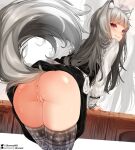  1girl animal_ear_fluff animal_ears anus arm_support ass ass_focus black_dress black_thighhighs cleft_of_venus closed_mouth clothes_lift dress dress_lift highres leaning_forward likunea long_hair long_sleeves looking_at_viewer looking_back multicolored_clothes multicolored_dress myuri_(spice_and_wolf) patreon_username print_thighhighs pussy red_eyes smile solo spice_and_wolf tail thighhighs thighs twitter_username uncensored white_dress white_hair wolf_ears wolf_girl wolf_tail 