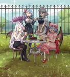  4girls :d ;d apron bat_wings black_skirt blue_archive blue_eyes blue_hair blue_sky bow breasts chair closed_eyes commentary_request crossover cup dress fang green_bow green_ribbon grey_hair hair_bow hat hiomaika holding holding_cup holding_tray izayoi_sakuya long_hair long_sleeves maid maid_headdress mary_janes medium_breasts miniskirt mob_cap multiple_girls neck_ribbon one_eye_closed open_mouth outdoors pink_dress pink_headwear red_footwear remilia_scarlet ribbon shirt shoes sitting skirt sky smile touhou tray v-shaped_eyebrows very_long_hair waist_apron white_apron white_hair white_shirt wings 