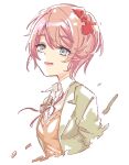  1girl blazer blue_eyes bow breasts doki_doki_literature_club glitch grey_jacket hinamikan jacket long_sleeves looking_at_viewer medium_breasts pink_hair red_bow red_ribbon ribbon sayori_(doki_doki_literature_club) short_hair 