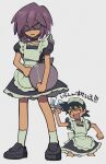  2boys ^_^ alternate_costume apron ash_ketchum black_dress black_hair choker closed_eyes crossdressing cup dress enmaided grey_background maid maid_headdress male_focus multiple_boys open_mouth paul_(pokemon) pokemon pokemon_(anime) pokemon_dppt_(anime) puffy_short_sleeves puffy_sleeves purple_hair sameyama_jiro shaded_face short_sleeves simple_background socks spiked_hair standing white_apron white_socks 