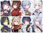  4boys 4girls alternate_costume bare_shoulders black_choker black_hair black_headwear black_nails black_ribbon blue_bow blue_eyes blue_hair bow bright_pupils choker closed_mouth collared_shirt earrings flower flower-shaped_pupils ganyu_(genshin_impact) genshin_impact goat_horns hair_between_eyes hair_flower hair_ornament hair_ribbon high_ponytail highres horns hu_tao_(genshin_impact) jewelry kaedehara_kazuha kamisato_ayaka kamisato_ayato light_blue_hair low_ponytail mona_(genshin_impact) multiple_boys multiple_girls open_mouth parted_lips pink_flower purple_eyes purple_hair red_eyes red_nails red_shirt ribbon scaramouche_(genshin_impact) shirt sidelocks signature smile symbol-shaped_pupils taya_oco thick_eyebrows tighnari_(genshin_impact) tongue tongue_out twintails upper_body wanderer_(genshin_impact) white_pupils white_shirt 