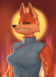  2022 anthro blue_eyes canid canine clenched_teeth clothed clothing facial_tuft female fox fur hi_res kitsune_(india_actual) looking_at_viewer mammal red_body red_fur redustheriotact solo teeth topwear 