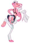  accessory anthro clothed clothing crossdressing emufur felid garter hi_res maid_uniform male mammal pantherine pink_panther pink_panther_(series) simple_background solo underwear uniform upskirt white_background 