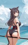  1girl animal_ears arknights ass black_one-piece_swimsuit breasts brown_eyes brown_hair cat_ears cat_girl cat_tail cloud cloudy_sky day e0xia earrings fang from_behind highres holding holding_staff jewelry large_breasts long_hair looking_at_viewer looking_back ocean official_alternate_costume one-piece_swimsuit open_mouth outdoors sky skyfire_(arknights) skyfire_(temperature_difference)_(arknights) solo staff swimsuit tail thighs 