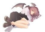  1girl absurdres bat_wings black_skirt black_vest bloom blush breasts closed_mouth commentary_request crossed_ankles full_body head_wings highres koakuma long_hair looking_at_viewer lying medium_breasts mouryou_(chimimouryou) no_socks on_side purple_eyes purple_hair shadow shoes simple_background skirt smile solo swept_bangs touhou very_long_hair vest white_background wings 