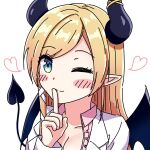  1girl ama_(ama_ekaku) aqua_eyes blonde_hair breasts cleavage closed_mouth demon_girl demon_horns demon_tail demon_wings finger_to_mouth heart highres hololive horns index_finger_raised large_breasts long_hair looking_at_viewer one_eye_closed pointy_ears portrait shushing simple_background sketch smile solo tail virtual_youtuber white_background wings yuzuki_choco yuzuki_choco_(1st_costume) 
