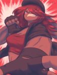  2023 3:4 action_pose angry anthro clenched_teeth clothing digital_media_(artwork) female fingerless_gloves fist gloves hair handwear hat headgear headwear hi_res jacket lagomorph leporid mammal pose rabbit red_clothing red_eyes red_hair red_shirt red_topwear shirt simple_background solo teeth topwear trololohstuffs 