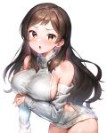  1girl bare_shoulders blush breasts brown_eyes brown_hair detached_sleeves dress halterneck highres idolmaster idolmaster_million_live! kitazawa_shiho large_breasts leaning_forward long_hair looking_at_viewer meme_attire naked_sweater open_mouth parted_bangs qianlou_(qianlou12374) ribbed_sweater sideboob simple_background sleeveless sleeveless_sweater sleeveless_turtleneck sleeves_past_wrists solo sweat sweater sweater_dress turtleneck turtleneck_sweater virgin_killer_sweater white_background white_sweater 