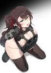  1girl absurdres arms_behind_back black_thighhighs blue_eyes blush bottomless breasts brown_hair bulletproof_vest cleavage commentary english_commentary highres k0ng kneeling nipples open_mouth original paid_reward_available saliva side_ponytail solo thighhighs tongue tongue_out 