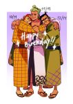  3boys absurdres bald black_hair closed_eyes crying earrings english_text full_body green_hair happy_birthday highres hug japanese_clothes jewelry johnny_(one_piece) kimpimpam multiple_boys one_piece roronoa_zoro sandals scar scar_across_eye short_hair sunglasses yosaku_(one_piece) 