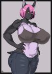  absurd_res anthro big_breasts black_body breasts canid canine cleavage clothed clothing female fur hair hi_res huge_breasts mammal navel pink_hair purple_body purple_fur solo thick_thighs wirberlwind 