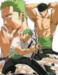  1boy armpits bandana bara black_pants blood blood_on_face dual_wielding earrings gentle2nd green_hair highres holding injury jewelry male_focus multiple_boys muscular muscular_male one_piece pants pectorals roronoa_zoro sanpaku scar scar_on_chest shirt short_hair signature smile sword topless_male weapon white_shirt 