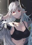  1girl absurdres arknights bare_shoulders black_collar breasts cleavage collar commentary_request crop_top grey_hair hand_up highres horns infection_monitor_(arknights) large_breasts long_hair looking_at_viewer midriff mudrock_(arknights) natoriusu_sansei off_shoulder oripathy_lesion_(arknights) pointy_ears red_eyes solo sports_bra stomach upper_body very_long_hair 