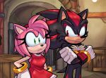  1boy 1girl absurdres amy_rose crate crossed_arms dress furry furry_female furry_male gloves green_eyes hand_on_own_hip highres indoors lemon_eyebrows looking_at_another red_dress red_eyes shadow_the_hedgehog sleeveless sleeveless_dress sonic_(series) white_gloves 