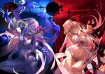  2girls absurdres armlet armor bare_shoulders belly_chain bikini_armor blue_eyes blue_skin body_markings bracelet breasts cleavage collarbone colored_skin durga_(fate) earrings extra_arms facial_mark fate/grand_order fate_(series) forehead_mark gradient_skin grey_hair hair_ribbon highres hiro_(hirohiro_gorira) jewelry kali_(fate) large_breasts long_hair looking_at_another looking_to_the_side multiple_girls navel neck_ring necklace open_mouth parted_lips pelvic_curtain red_eyes red_skin revealing_clothes ribbon sash snake thighs third_eye tongue tongue_out very_long_hair white_hair 