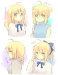  1girl 87banana ahoge alternate_costume alternate_hairstyle artoria_pendragon_(fate) blonde_hair blouse blue_bow bow china_dress chinese_clothes double_bun dress fate/stay_night fate_(series) from_side green_eyes hair_bow hair_bun hair_down ponytail saber shirt solo sweater white_background 
