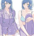  2girls :o aqua_hair bang_dream! bare_shoulders blue_bra blush bra breasts collarbone collared_shirt commentary dress_shirt green_eyes hair_between_eyes highres hikawa_hina hikawa_sayo incest leg_up long_hair long_sleeves looking_at_another medium_breasts multiple_girls open_mouth pants parted_lips purple_pants purple_shirt shirt short_hair siblings sidelocks simple_background sitting twincest twins underwear white_background yuri zihacheol 