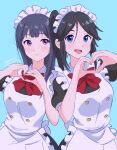  2girls absurdres alternate_costume apron black_hair blue_background blue_eyes bow bowtie closed_mouth enmaided heart heart_hands hibike!_euphonium highres kasaki_nozomi liz_to_aoi_tori long_hair looking_at_viewer maid maid_apron maid_headdress multiple_girls open_mouth ponytail purple_eyes red_bow red_bowtie smile tsunemoku yoroizuka_mizore 