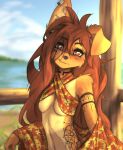  absurd_res anthro apogee_(tinygaypirate) arm_tattoo asymmetrical_ears bikini bikini_top blue_sky blurred_background blush blush_lines breasts bridge_piercing brown_body brown_eyebrows brown_eyes brown_fur brown_hair button_ears canid canine canis cheek_piercing cheek_tuft clothing cloud countershade_torso countershading domestic_dog dreamcatcher ear_piercing ear_ring eyebrows facial_piercing facial_tattoo facial_tuft female fence floppy_ears freckles_on_ears freckles_on_face freckles_on_shoulders fur grass hair half-length_portrait hi_res inner_ear_fluff long_hair looking_at_viewer mammal mottled mottled_nose navel neck_tattoo nose_piercing outside piercing plant portrait ribs ring_piercing shoulder_tuft sky slim small_breasts smile solo spitz stretched_ears swimwear tan_body tan_countershading tan_inner_ear tan_inner_ear_fluff tattoo tinygaypirate tuft under_boob waist_tattoo water 