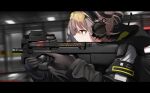  1girl black_border black_gloves black_jacket border brown_hair bullpup earmuffs from_side girls&#039;_frontline gloves gun highres jacket long_sleeves p90 p90_(girls&#039;_frontline) red_eyes rynn_(rynn_cube) shooting_glasses solo submachine_gun tinted_eyewear weapon yellow-tinted_eyewear 