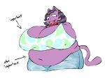  anthro belly big_breasts breasts catty_(undertale) cleavage clothed clothing deltarune domestic_cat dorkass felid feline felis female fur hi_res huge_breasts jewelry mammal navel necklace nipple_outline open_mouth overweight overweight_anthro overweight_female purple_body purple_fur simple_background solo text undertale_(series) white_background 