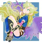  1girl aqua_eyes blonde_hair blue_dress breasts breath_of_fire breath_of_fire_ii bridal_gauntlets closed_mouth dress feathered_wings floating_hair hand_up jewelry long_hair medium_breasts nina_(breath_of_fire_ii) no_panties outline purple_wings ring sicky_(pit-bull) side_slit solo very_long_hair white_outline wings 