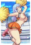  1girl :d arm_up bare_shoulders blue_eyes blue_hair boku_no_hero_academia breasts breasts_out bright_pupils cheerleader crop_top feet_out_of_frame from_side hadou_nejire hand_up large_breasts long_hair looking_at_viewer miniskirt navel nipples open_mouth orange_skirt patreon_username pink_footwear pleated_skirt pom_pom_(cheerleading) redjet shirt shoes skirt smile socks solo stadium standing standing_on_one_leg torn_clothes u.a._cheerleader_uniform white_socks 