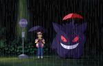  1boy animated animated_gif baseball_cap black_hair bus_stop_sign gengar hat holding holding_umbrella m._s._corley pokemon pokemon_(creature) rain red_(pokemon) shirt short_hair tonari_no_totoro totoro_bus_stop umbrella 