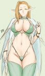  1girl blonde_hair breasts cape cowboy_shot dinelind_(drill_(emilio)) drill_(emilio) elf green_background green_eyes highres large_breasts light_smile long_hair long_pointy_ears looking_at_viewer navel original pointy_ears simple_background sketch solo stomach 