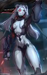 1girl abs breasts colored_sclera colored_skin commission cyberpunk cyberpunk_(series) cyberpunk_edgerunners cyborg english_text fluffydus green_eyes grey_skin highres long_hair oversized_forearms oversized_limbs pink_hair rebecca_(cyberpunk) red_sclera small_breasts solo twintails 
