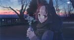  1girl animal_ears bare_tree bottle brown_hair cloud coat dated ear_scrunchie hands_up holding holding_bottle horse_ears lamppost long_hair long_sleeves looking_at_viewer looking_to_the_side low_twintails multicolored_hair open_mouth outdoors railing scarf solo steam sunset takuzui tree twintails twitter_username two-tone_hair umamusume upper_body yamanin_zephyr_(umamusume) yellow_eyes 