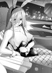  1girl absurdres animal_ears bare_shoulders between_breasts blush breasts car cityscape cleavage closed_mouth collarbone fake_animal_ears fishnet_pantyhose fishnets go-toubun_no_hanayome greyscale hair_between_eyes highres jewelry kosmos_beta large_breasts leotard long_hair looking_at_viewer monochrome motor_vehicle nakano_miku necklace pantyhose playboy_bunny rabbit_ears sitting skindentation smile solo strapless strapless_leotard wrist_cuffs 