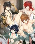  6+boys :p abs absurdres animal_ears arataki_itto arm_up bathing black_hair blurry blurry_foreground braid brown_hair character_request closed_mouth collarbone colored_skin diluc_(genshin_impact) fingernails genshin_impact green_hair grey_hair hair_between_eyes hand_on_another&#039;s_leg hand_up height_difference highres knee_up leaning_back leflayart long_hair looking_at_viewer male_focus multicolored_hair multicolored_skin multiple_boys navel nude partially_submerged pectorals petals petals_on_liquid red_hair scar scar_on_chest scar_on_hand sharp_fingernails short_hair side_braid sitting smile spread_legs stomach tartaglia_(genshin_impact) toned toned_male tongue tongue_out towel twin_braids venti_(genshin_impact) very_long_hair water yellow_skin zhongli_(genshin_impact) 