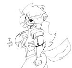  2023 anaugi anthro big_breasts black_and_white bottomwear breasts canid canine canis clothing crop_top domestic_dog english_text female hachimitsu hair hair_over_eye mammal mechanical_arm midriff monochrome one_eye_obstructed pants ponytail scar shirt side_view signature simple_background sketch solo text topwear vest white_background 