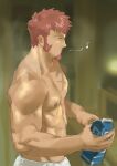  1boy abs absurdres bara brown_hair carton closed_mouth cross_scar facial_hair fate/grand_order fate_(series) goatee highres holding holding_carton large_pectorals long_sideburns male_focus milk_carton monmonhomon muscular muscular_male napoleon_bonaparte_(fate) nipples pants pectorals scar scar_on_chest short_hair sideburns solo topless_male white_pants 