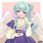  1girl :d angel_wings aqua_hair braid braided_bun dairoku_ryouhei dessert dress food gloves gradient_background hair_bun hair_ornament hair_stick heart jewelry long_hair motituki0 purple_eyes ring smile solo til_roeve white_gloves white_wings wings 