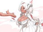  1boy 1girl :3 ayagi_daifuku bow breasts dark-skinned_female dark_skin disembodied_limb dress flying_sweatdrops fur-trimmed_dress fur_trim grey_bow highres huge_breasts indie_virtual_youtuber long_hair looking_at_another nekobuki_kemuri open_mouth own_hands_together parted_bangs pink_bow red_eyes smile sweat tail tail_bow tail_ornament two_side_up very_long_hair virtual_youtuber white_background white_dress white_hair 