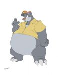  2018 anthro baloo bear bottomless bottomless_anthro bottomless_male canson chubby_anthro chubby_male claws clothed clothing disney fur hat headgear headwear hi_res jacket looking_aside looking_away male mammal mouth_closed overweight overweight_anthro overweight_male paws signature simple_background slightly_chubby smile solo standing talespin the_jungle_book toe_claws topwear white_background 