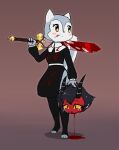  absurd_res anthro black_hair blood bodily_fluids clothed clothing e254e female gore grey_body hair hi_res holding_object holding_weapon humanoid melee_weapon open_mouth red_body solo sword tears weapon white_body yellow_eyes 