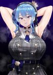 1girl alternate_breast_size armpits arms_up beret black_choker blue_eyes blue_hair blue_ribbon blush breasts choker crown hair_between_eyes hair_ribbon hat highres hololive hoshimachi_suisei hoshimachi_suisei_(1st_costume) huge_breasts long_hair looking_at_viewer medium_hair open_mouth plaid_headwear ribbon side_ponytail smile solo star_(symbol) star_choker star_in_eye symbol_in_eye tnolize virtual_youtuber 