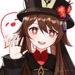  1girl :d boo_tao_(genshin_impact) brown_hair chinese_clothes commentary_request flower genshin_impact ghost hair_between_eyes hat hat_flower hat_ornament hu_tao_(genshin_impact) jewelry ji_yue long_hair long_sleeves looking_at_viewer porkpie_hat red_eyes ring sidelocks simple_background smile symbol-shaped_pupils twintails waving white_background wide_sleeves 