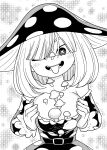  1girl boku_no_hero_academia breasts breasts_squeezed_together cleavage commentary_request dress hair_over_one_eye highres komori_kinoko large_breasts mushroom_hat mushroom_on_head o_den open_mouth polka_dot polka_dot_dress smile solo symbol-shaped_pupils tongue tongue_out underwear x-shaped_pupils 