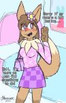  absurd_res accessory anthro bed bedroom blush bottomwear brown_body brown_fur canid checkered_bottomwear checkered_clothing checkered_skirt clothed clothing dialogue digital_media_(artwork) eevee english_text female flower flower_in_hair fur furniture generation_1_pokemon hair hair_accessory hi_res looking_away mammal nintendo notsafeforvee open_mouth pattern_bottomwear pattern_clothing pattern_skirt plant pokemon pokemon_(species) purse shy simple_background skirt solo standing tail text 