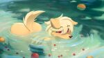  anthro blonde_hair butt canid canine canis cooliehigh domestic_dog female fur hair hi_res looking_at_viewer mammal nude pepper_(cooliehigh) red_eyes solo tail water yellow_body yellow_fur 