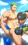  1boy abs absurdres bar_censor bara bulge censored cloud completely_nude day dumbbell erection exercise green_hair highres kuroshinki large_pectorals male_focus muscular muscular_male navel nipples nude one_eye_closed one_piece outdoors paid_reward_available pectorals penis roronoa_zoro scar scar_across_eye scar_on_chest scar_on_face short_hair sky solo testicles weightlifting 